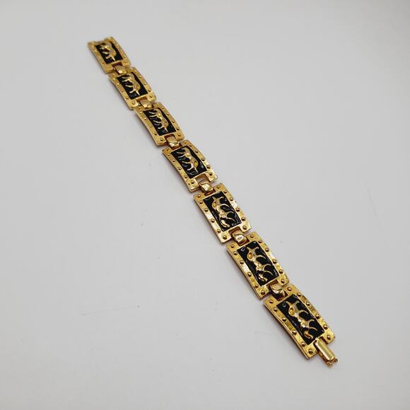 Vintage Black Enamel Gold Tone Animal Link Bracelet 8 Inch Fold Over Clasp - Picture 7 of 9